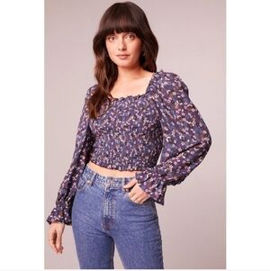 Band of the Free Agatha Purple Floral Long Sleeve Smocked Boho Crop Top Size S